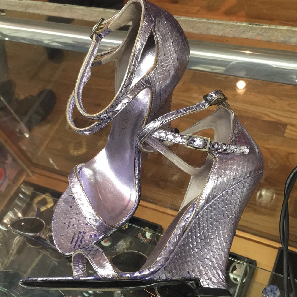 YSL purple metallic wedge heels